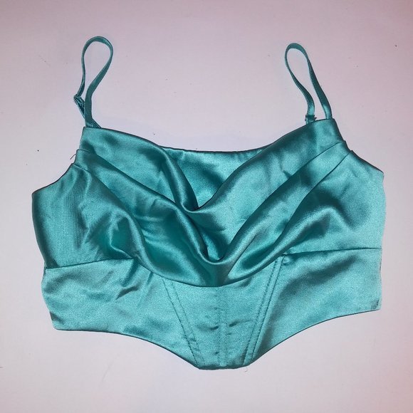 Princess Polly Crop Top Size 4 Teal Satin Draped Neck Solid Zip Up Back Preowned - Picture 2 of 8